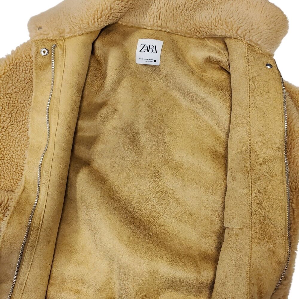 ZARA Jacket Womens XS Brown Sherpa Flap Pockets Full Zip Bomber Outdoor Boho - Picture 3 of 10